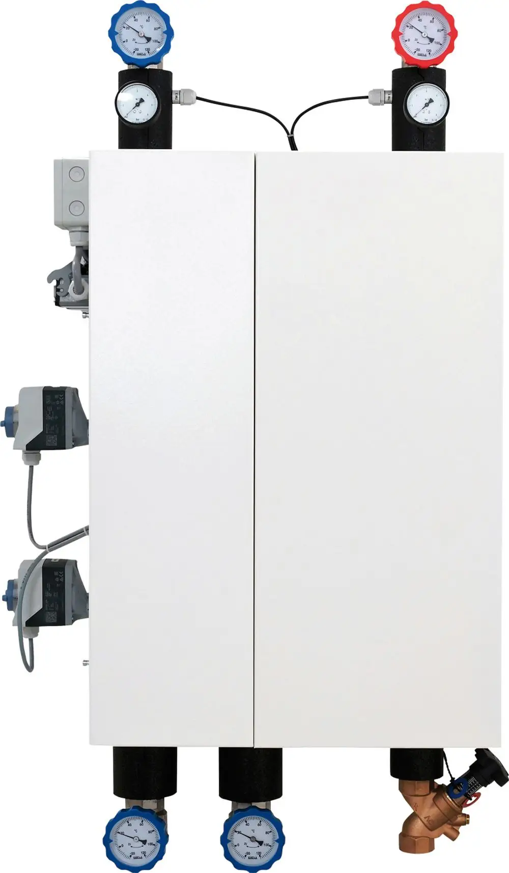 Netzheizkreismodul von Bosch mit zwei Druckmanometern oben, zwei Ventilen unten und integrierten Steuerungen für Heizkreise in einem kompakten Gehäuse.